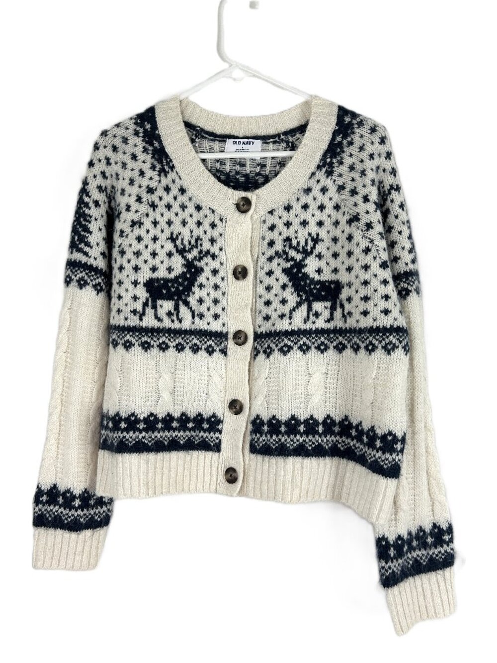 Old Navy Reindeer Fair Isle Cardigan Sweater Cream Blue Knit Viral M